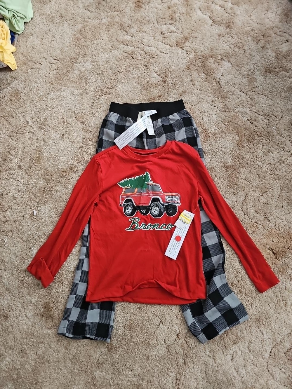 Red Bronco Truck Kids Pajama Set with Black & Gray Plaid Pants